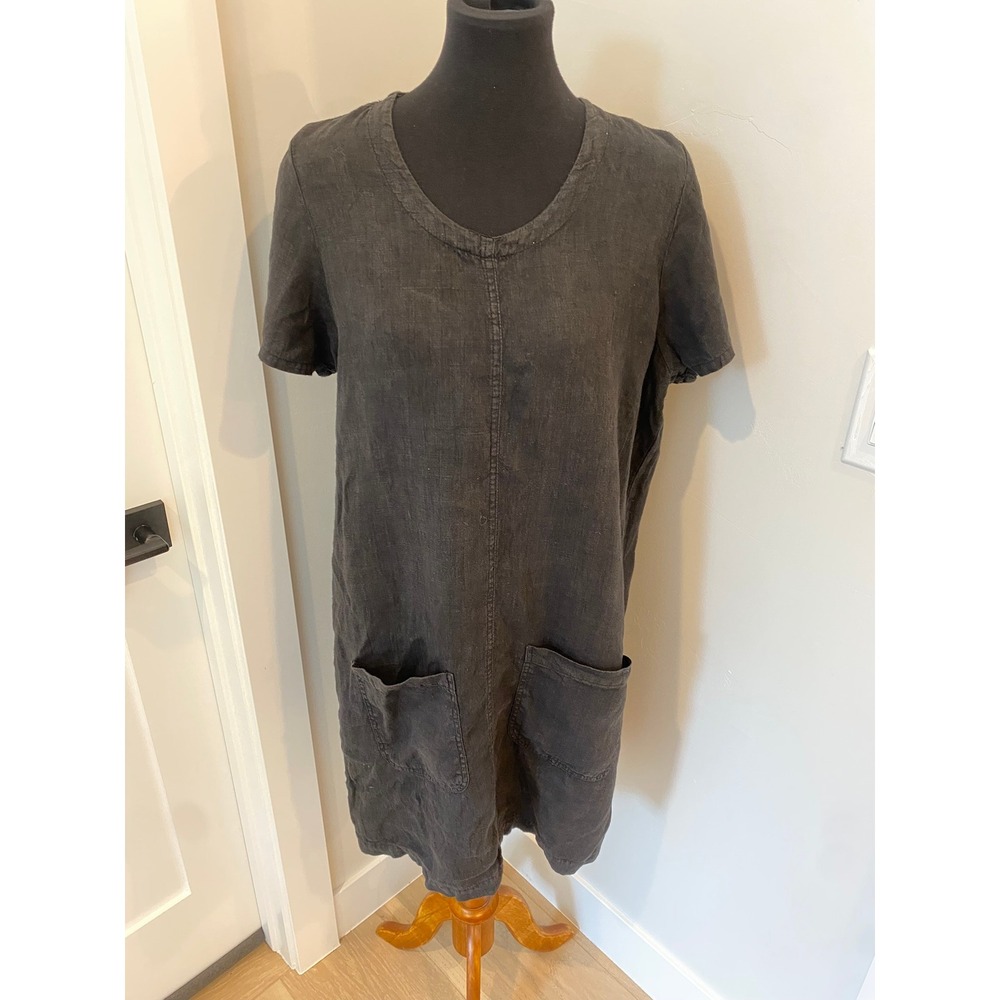 Vintage Sunbelt 100% Linen Shift Dress Black Short Sleeve Midi Made in USA